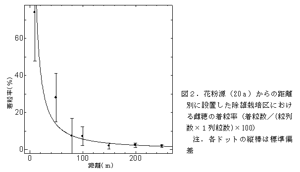 図2.花粉源(20a)からの距離 別に設置した除雄栽培区におけ る雌穂の着粒率