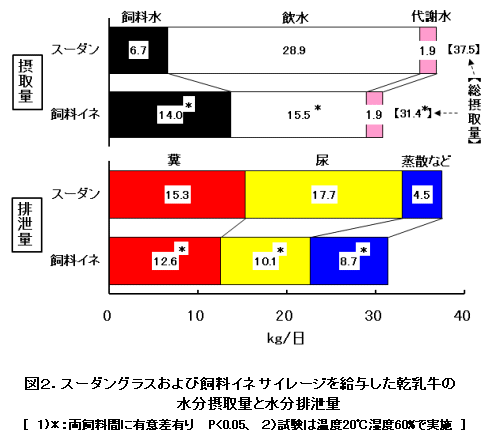 図2.スーダングラスおよび飼料イネサイレージを給与した乾乳牛の水分摂取量と水分排泄量