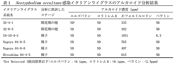 表1 Neotyphodium occultans感染イタリアンライグラスのアルカロイド分析結果