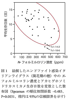 図1 給餌したエンドファイト感染イタリアンライグラス(開花期の穂)中のN-フォルミルロリン濃度とアカヒゲホソミドリカスミカメ生存日数を変数とした散布図(Speamanの順位相関係数 -0.485、P=0.0031、楕円は95%の信頼限界を示す)