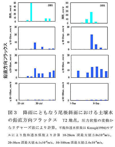 図3 降雨にともなう尾根斜面における土壌水の鉛直方向フラックス T2 地点。圧力状態の変動か