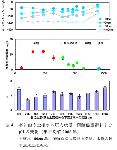 図4 谷に沿う土壌水の圧力状態、硝酸態窒素およびpH の変化(年平均値2006 年)