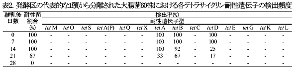 表2 発酵区の代表的な1頭から分離された大腸菌60株における各テトラサイクリン耐性遺伝子の検出頻度