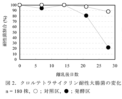 図2 クロルテトラサイクリン耐性大腸菌の変化  n = 180株, ○;対照区, ●;発酵区