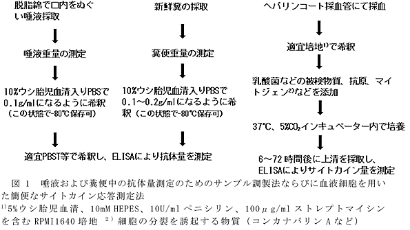 図1 唾液および糞便中の抗体量測定のためのサンプル調製法ならびに血液細胞を用いた簡便なサイトカイン応答測定法