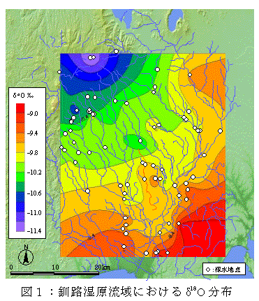 図1:釧路湿原流域におけるδ18O分布