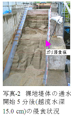 写真-2 裸地堤体の通水開始5分後(越流水深15.0cm)の侵食状況