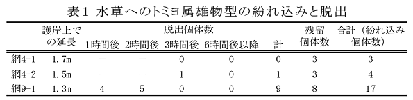 表1 水草へのトミヨ属雄物型の紛れ込みと脱出