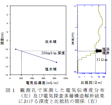 観測孔で実測した電気伝導度分布 (左)及び電気探査多層構造解析結果 における深度と比抵抗の関係(右)