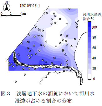 浅層地下水の涵養において河川水 浸透が占める割合の分布