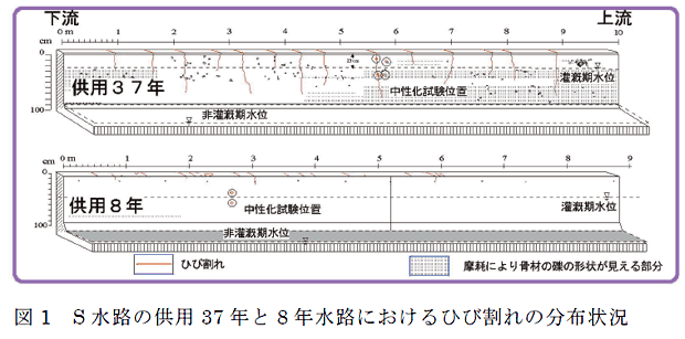 図1 S水路の供用37年と8年水路におけるひび割れの分布状況