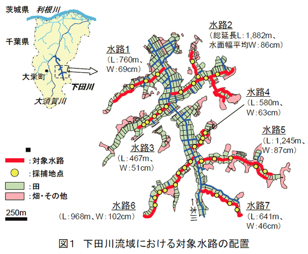 図1 下田川流域における対象水路の配置