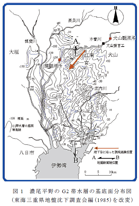 図1 濃尾平野のG2 帯水層の基底面分布図