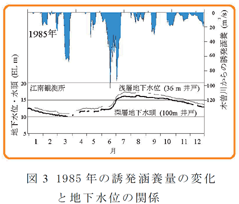 図3 1985 年の誘発涵養量の変化と地下水位の関係