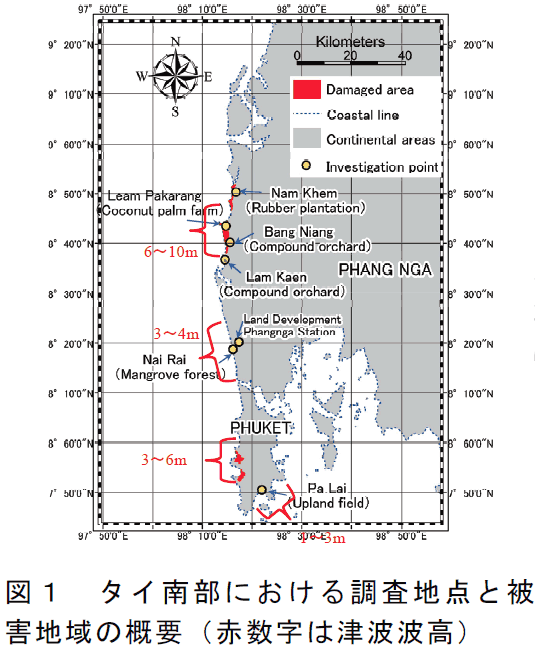 図1 タイ南部における調査地点と被害地域の概要(赤数字は津波波高)