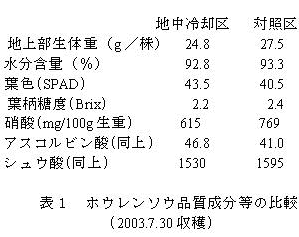 表1 ホウレンソウ品質成分等の比較