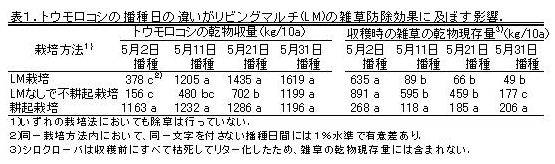 表1 トウモロコシの播種日の違いがリビングマルチ(LM)の雑草防除効果に及ぼす影響
