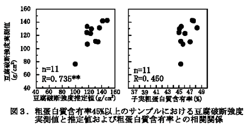 図3 粗蛋白質含有率45%以上のサンプルにおける豆腐破断強度実測値と推定値および粗蛋白質含有率との相関関係