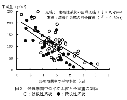 図3 処理期間中の平均水位と子実重の関係