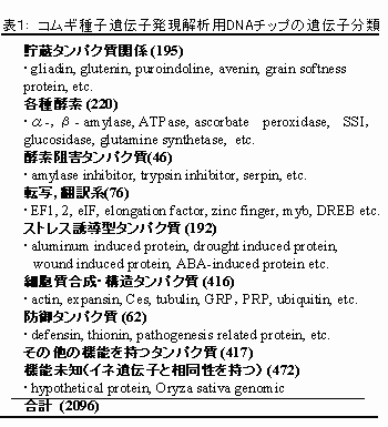 表1 小麦種子遺伝子発現解析用DNAチップの遺伝子分類