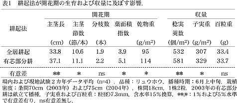 表1 耕起法が開花期の生育および収量に及ぼす影響.