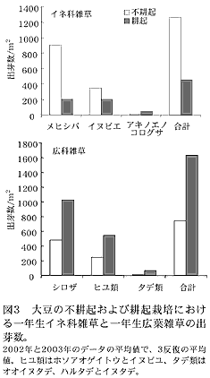 図3 大豆の不耕起および耕起栽培 における一年生イネ科雑草と一年生 広葉雑草の出芽数。