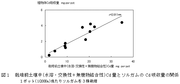 図1 栽培前土壌中(水溶・交換性+無機物結合性)Cd量とソルガムのCd吸収量の関係