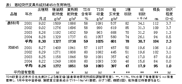 表1 着粒突然変異系統RM645の生育特性.