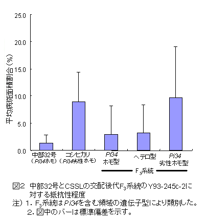 図2. 中部32号とCSSLの交配後代F3系統のY93-245c-2に 対する抵抗性程度
