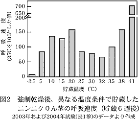 図2 強制乾燥後、異なる温度条件で貯蔵したニン ニクりん茎の呼吸速度