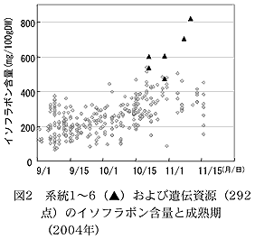 図2 系統1~6(▲)および遺伝資源(292点)のイソフラボン含量と成熟期