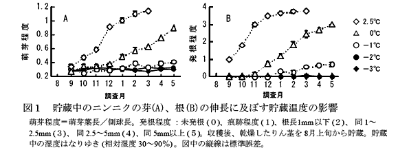 図1 貯蔵中のニンニクの芽(A)、根(B)の伸長に及ぼす貯蔵温度の影響