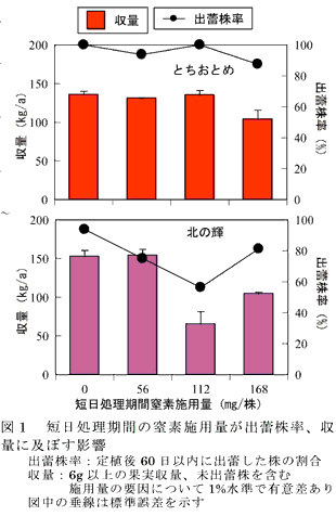 図1 短日処理期間の窒素施用量が出蕾株率、収量に及ぼす影響