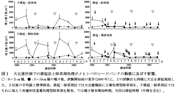 図1 大豆連作畑での耕起法と除草剤処理がメヒシバのシードバンクの動態に及ぼす影響。