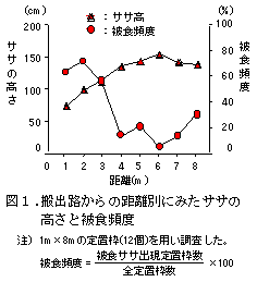 図1. 搬出路からの距離別にみたササの 高さと被食頻度