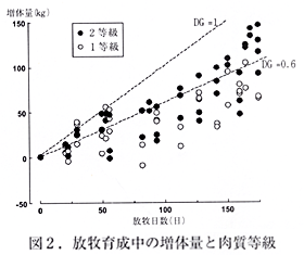 図2.放牧育成中の増体量と肉質等級