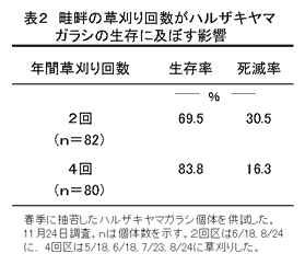 表2 畦畔の草刈り回数がハルザキヤマガラシの生存に及ぼす影響
