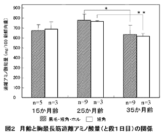 図2 月齢と胸最長筋遊離アミノ酸量(と殺1日目)の関係