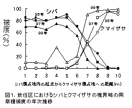 図1.放任区におけるシバとクマイザサの境界域の両草種被度の年次推移