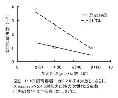 図2.1つの飼育容器にカドマルを4対放し、さらにD.gazellaを2,4,8対加えた時の次世代成虫数。