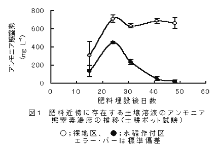 図1 肥料近傍に存在する土壌溶液のアンモニア態窒素濃度の推移( 土耕ポット試験)