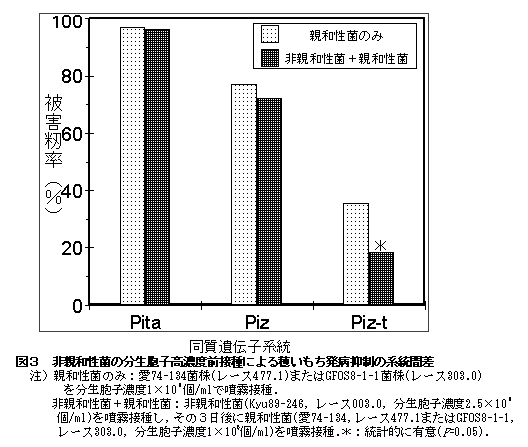 図3 非親和性菌の分生胞子高濃度前接種による穂いもち発病抑制の系統間差