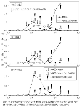 図2.セイヨウコナガチビアメバチを利用したIPM試験におけるコナガ幼虫(上段)、蛹(中断)、ヨトウガ幼虫(下段)の発生消長