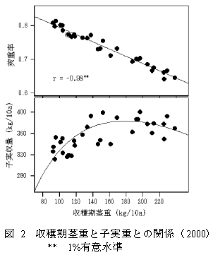 図2 収穫期茎重と子実重との関係