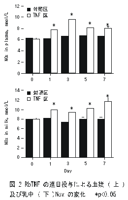 図2.rbTNFの連日投与による血漿(上)及び乳中(下)Noxの変化