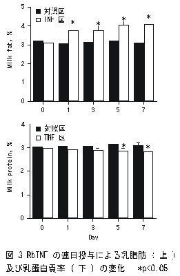 図3.rbTNFの連日投与による乳脂肪(上)及び乳蛋白質率(下)の変化