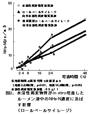 図2.水溶性褐変物質がin vitro培養したルーメン液中のNH3-N濃度に及ぼす影響