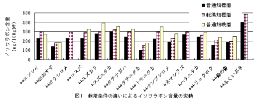 図1.栽培条件の違いによるイソフラボン含量の変動