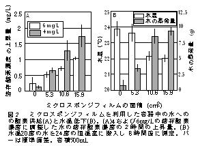 図2 ミクロスポンジフィルムを利用した容器中の水への の酸素供給(A) と水温低下(B)。