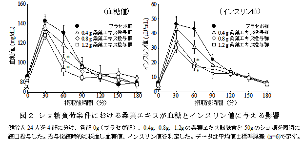 図3 桑葉エキスの長期間摂取が血糖値とインスリン値に与える影響